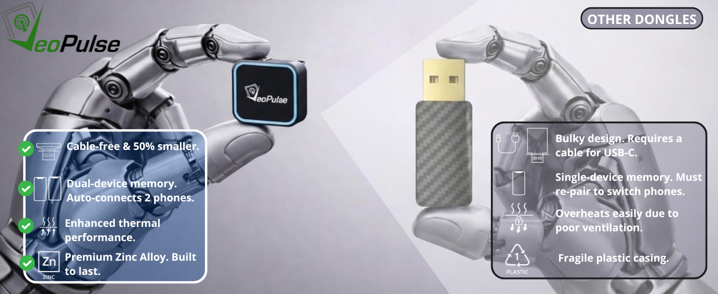 VeoPulse C-Pro zinc alloy wireless CarPlay adapter compared with a plastic car adapter
