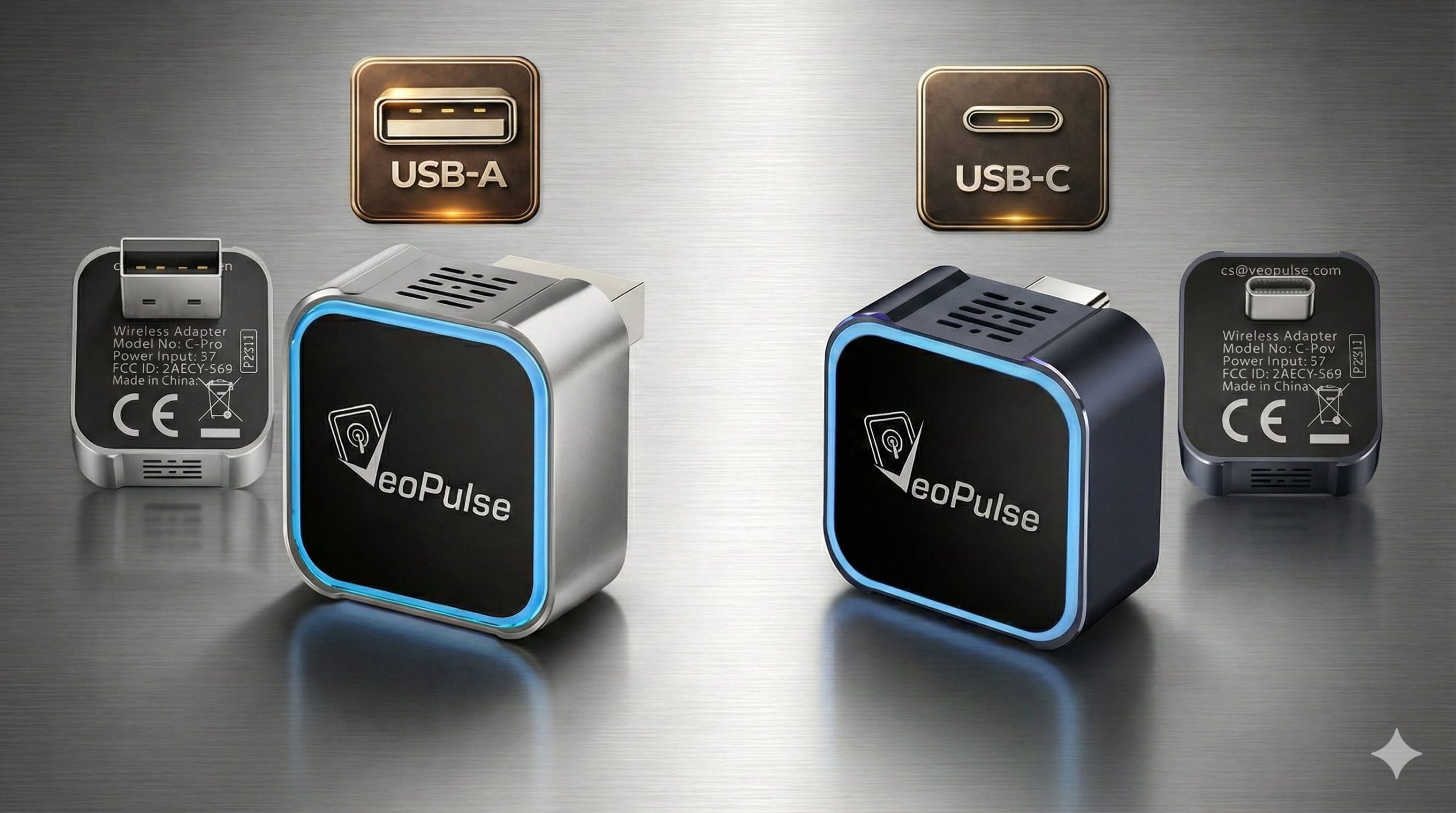 VeoPulse C-Pro wireless CarPlay and Android Auto adapter in USB-A and USB-C versions