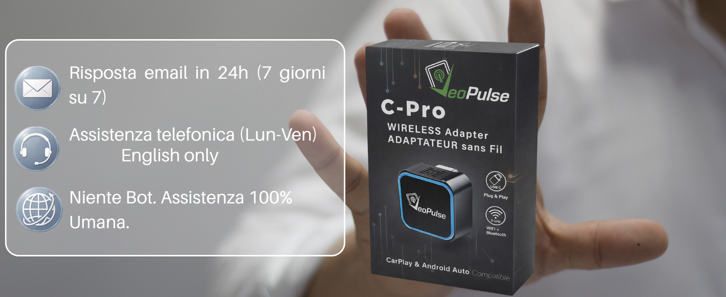 Assistenza clienti VeoPulse per adattatore CarPlay wireless e Android Auto wireless